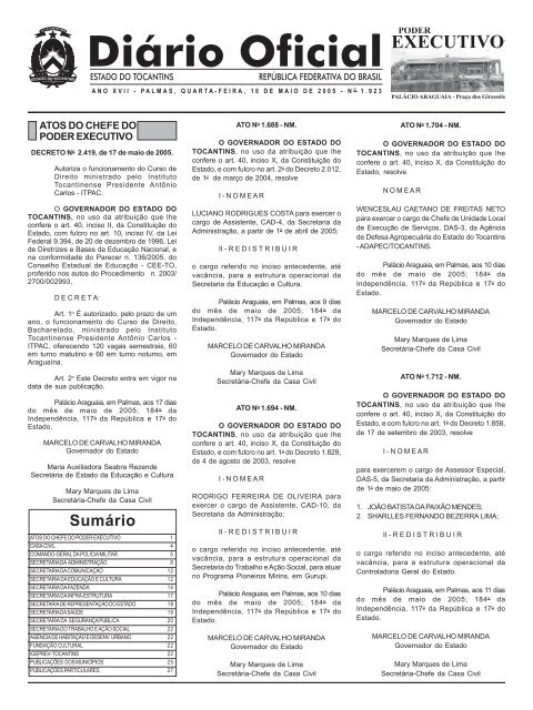 SumÃ¡rio - DiÃ¡rio Oficial - Governo do Estado do Tocantins